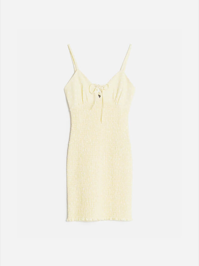 Dress with shirring and tie